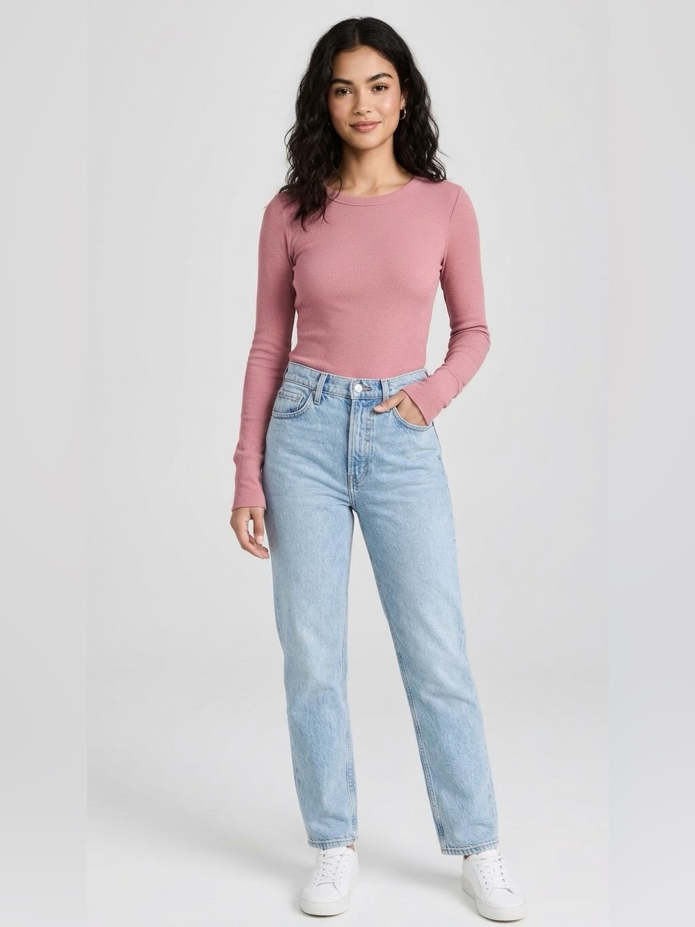 SO Ribbed Long-Sleeve Top in Rose Pink